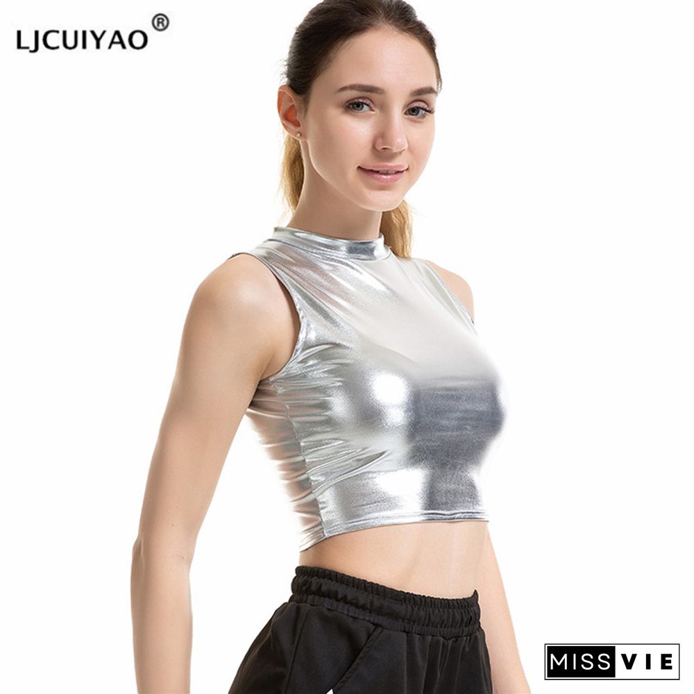 Ljcuiyao Women Crop Top Shiny Material Leather Sleeveless Vest Sports Tank Tops Gold Silver Shining Colorful Green Red Clothes