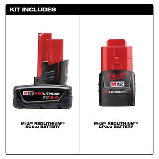 MW M12 12-Volt Lithium-Ion Extended Capacity Battery Pack Combo W 6.0Ah and 3.0Ah Batteries 48-11-2460-48-11-2430