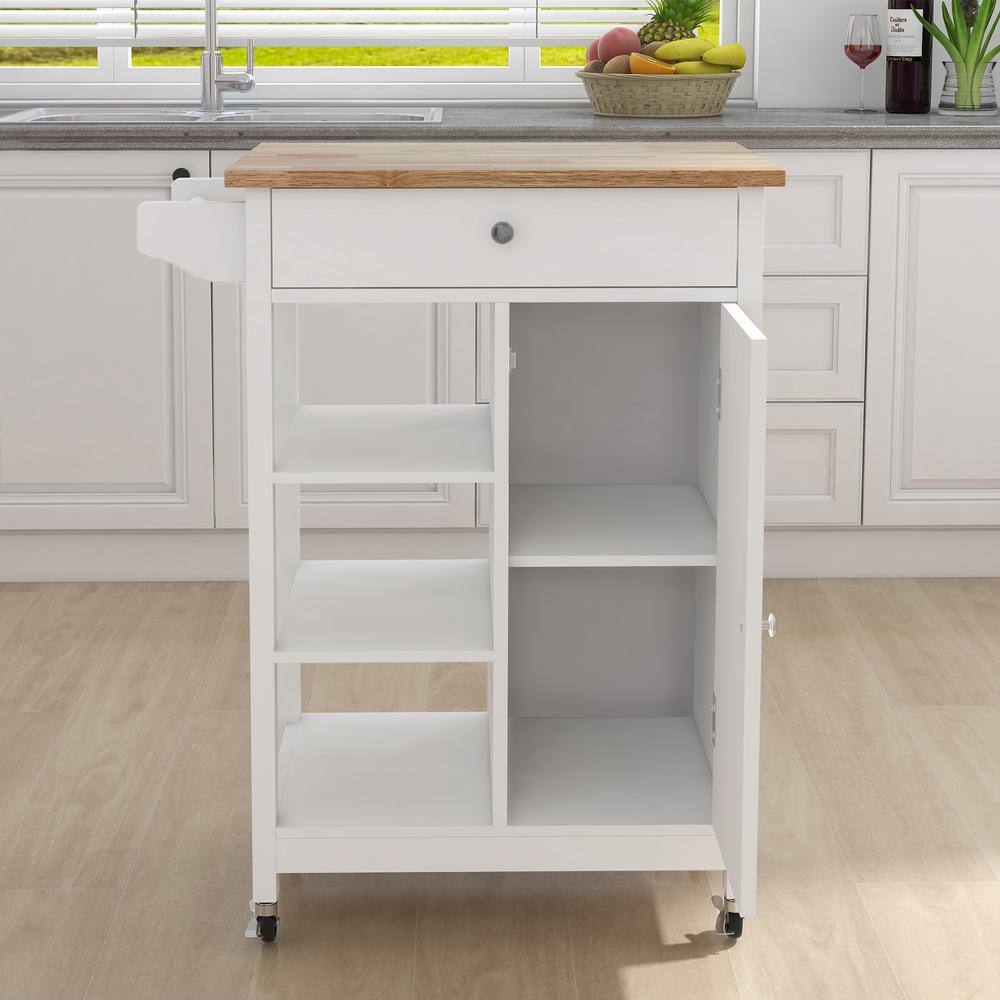 Tileon White Kitchen Island Cart with Rolling Wheel  Wood Table Top  Towel Rack Kitchen Trolley with Ample Storage Space AYBSZHD140