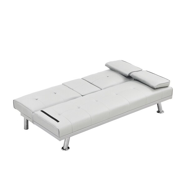 Wood Frame Futon sofa bed with Armrest， two holders