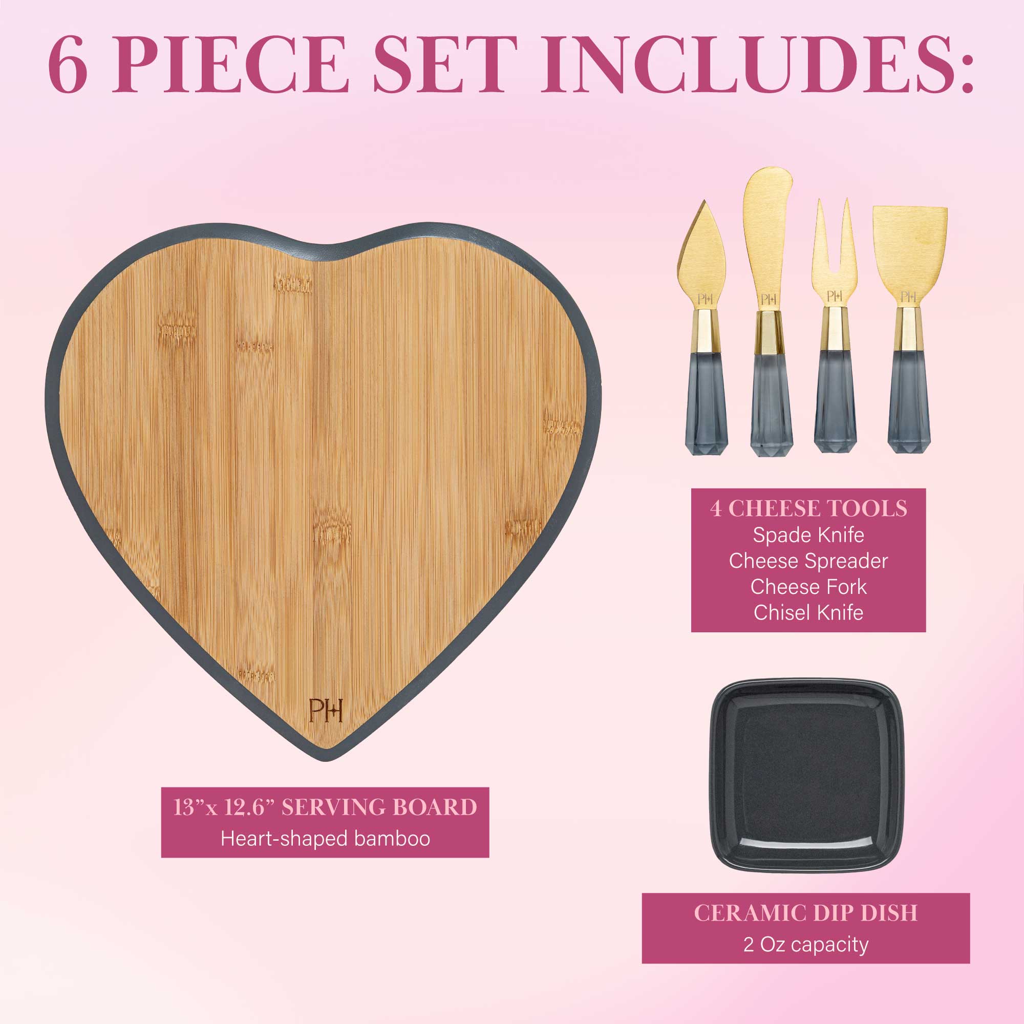 Paris Hilton 6-Piece Bamboo Heart Charcuterie Board and Serving Set， Charcoal Gray