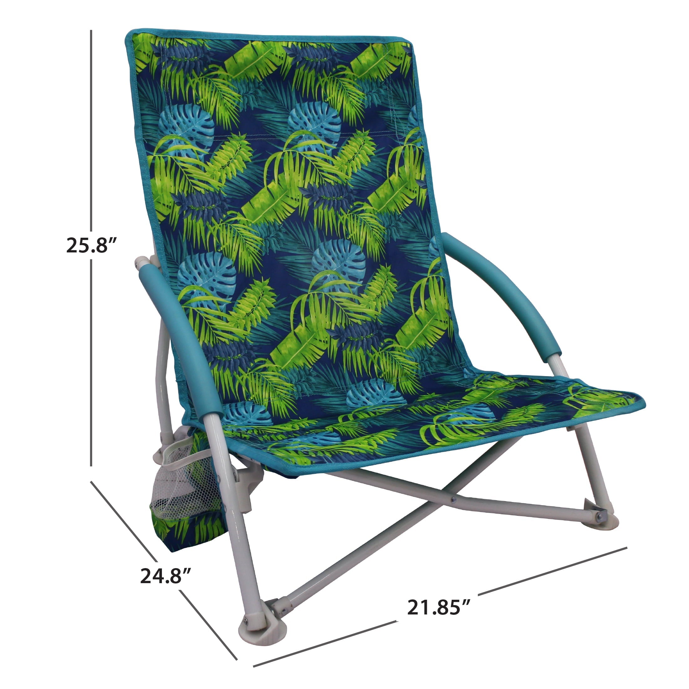 Mainstays Folding Low Seat Soft Arm Beach Bag Chair with Carry Bag, Green Palm