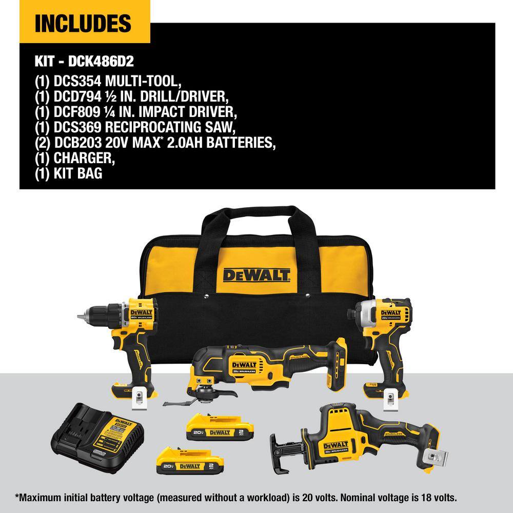 DW ATOMIC 20-Volt Lithium-Ion Cordless Brushless Combo Kit (4-Tool) with (2) 2.0Ah Batteries Charger and Bag DCK486D2