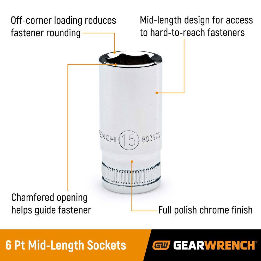 GEARWRENCH 38 in. Drive 6 Point Mid Length Metric Socket Set (14-Piece) 80554S-06