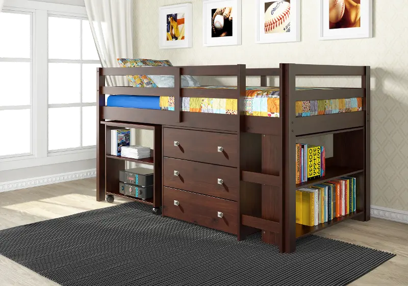 Kaycee Dark Cappuccino Twin Loft Bed with Student Desk