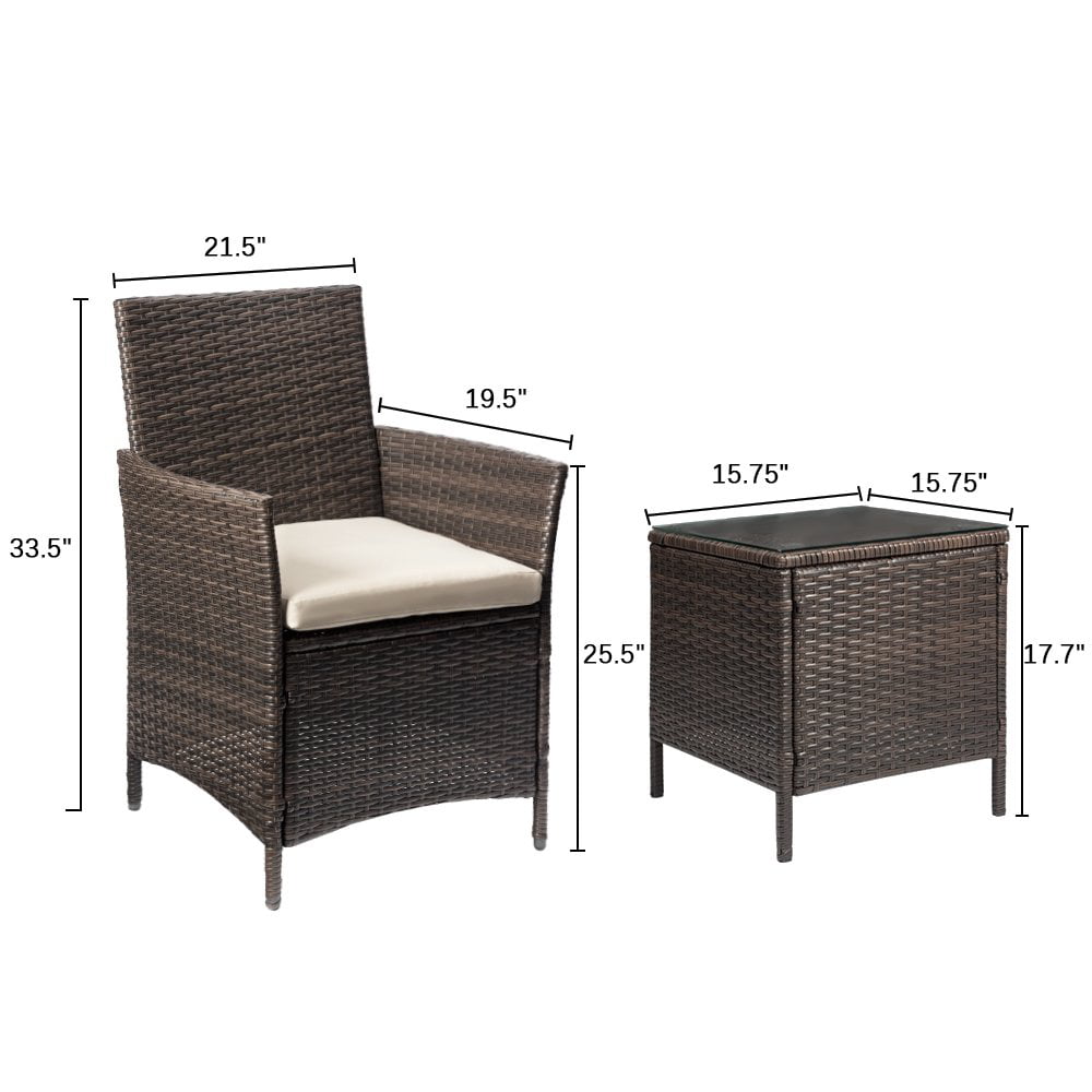 Lacoo 3 Pieces Outdoor Patio Furniture PE Rattan Wicker Table and Chairs Set Bar Set with Cushioned Tempered Glass, Brown/Beige, 2