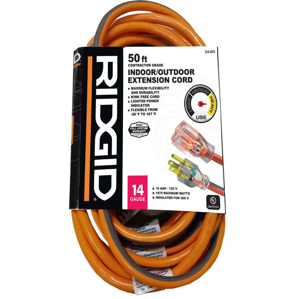 RIDGID 50 ft. 143 Extension Cord Orange and Gray HD#214-074