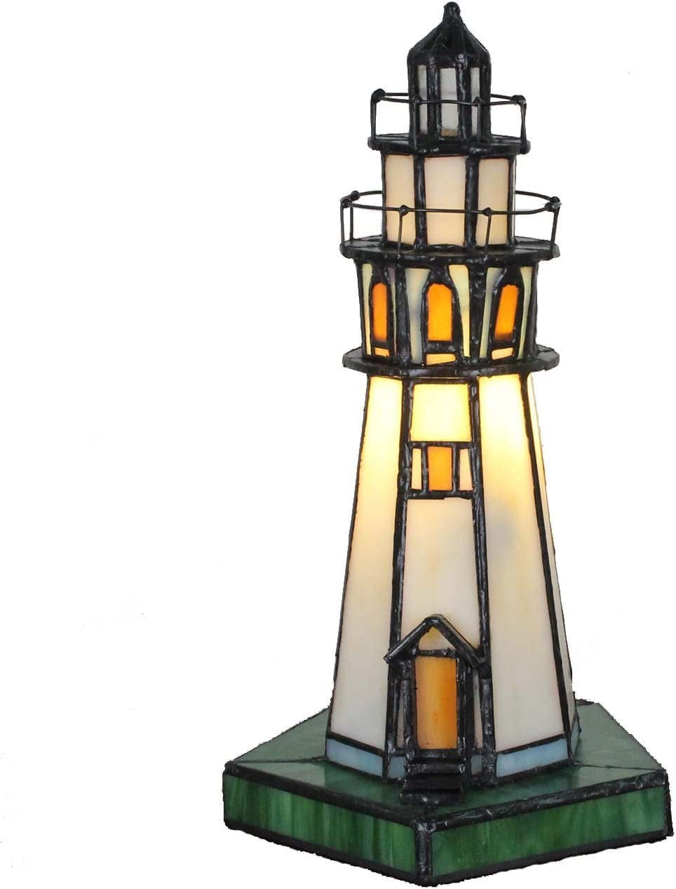 SHADY L10221 Lighthouse 10 inch Tiffany Style Stained Glass Accent Table Lamp  Night Light