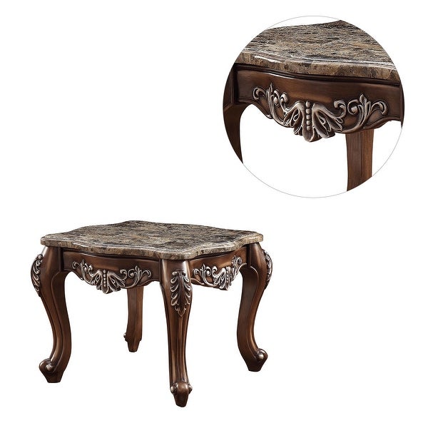 Square Marble Top End Table in Antique Oak Finish