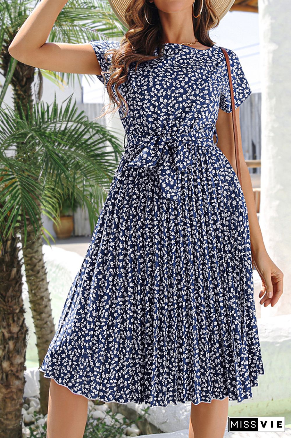 Floral Short Sleeve Dress With Sashes Wholesale