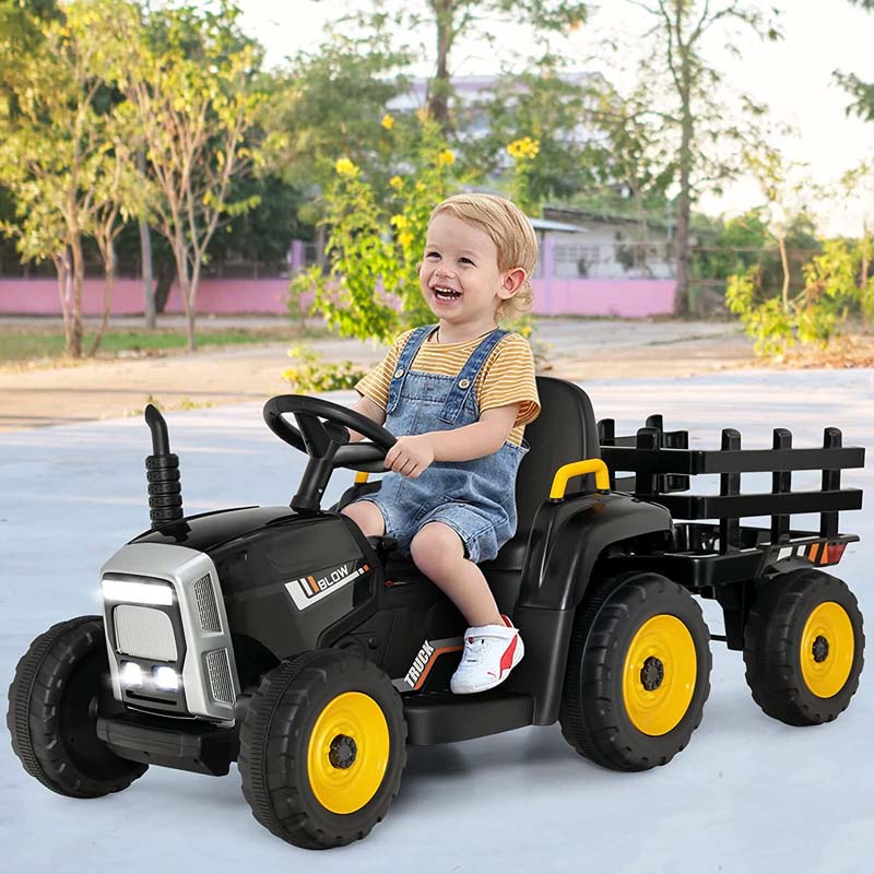 Kids Ride on Tractor w/Trailer 12V Battery Powered Electric Riding Toy Car Vehicle with 3-Gear-Shift Ground Loader