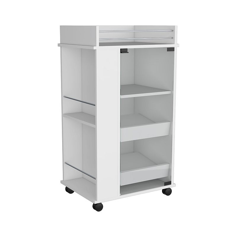 DEPOT E-SHOP Lansing Bar Cart with Glass Door， 2-Side Shelves and Casters， White