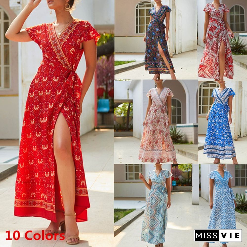 New Summer Women Fashion Floral Print Sexy Deep V Neck Short Sleeve Evening Party Long Casual Maxi Dresses With Belt Boho Beach Sundress, Kleid, Robe de femme