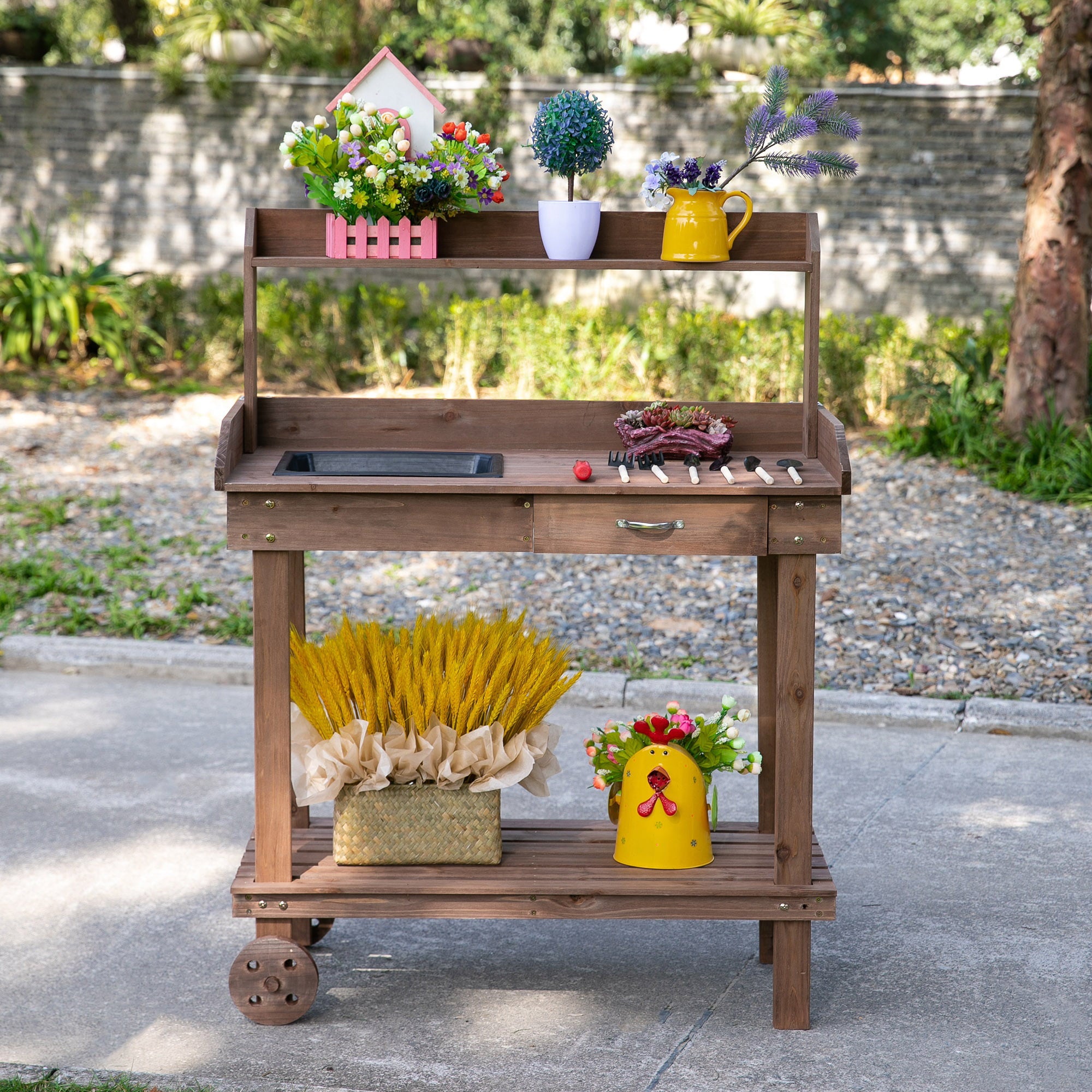 36" x 18" x 47'' Wooden Potting Bench Work Table with 2 Removable Wheels & Large Storage Spaces - Brown