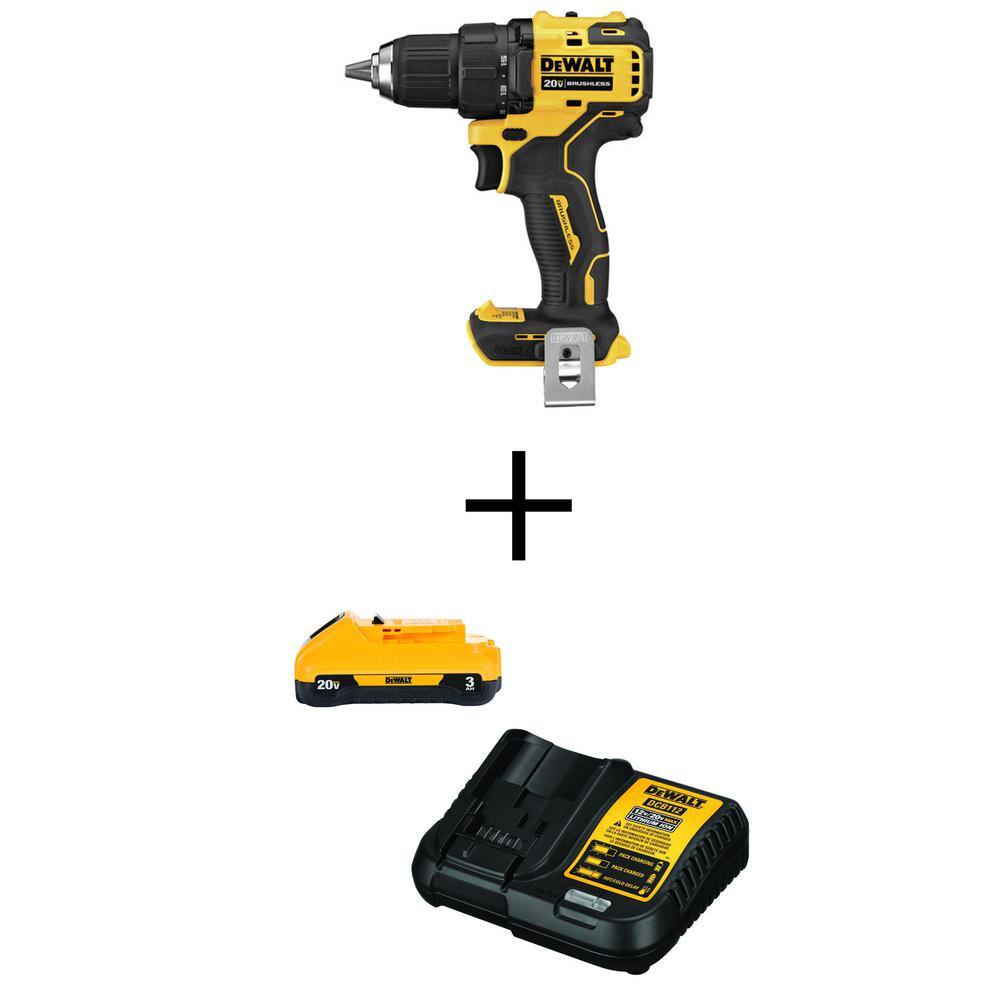 DW ATOMIC 20V MAX Cordless Brushless Compact 12 in. DrillDriver 3.0Ah Battery and 12V to 20V Charger DCD708BW230C