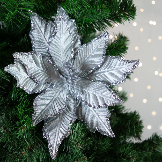 Glittered Silver Poinsettia Christmas Stem Spray