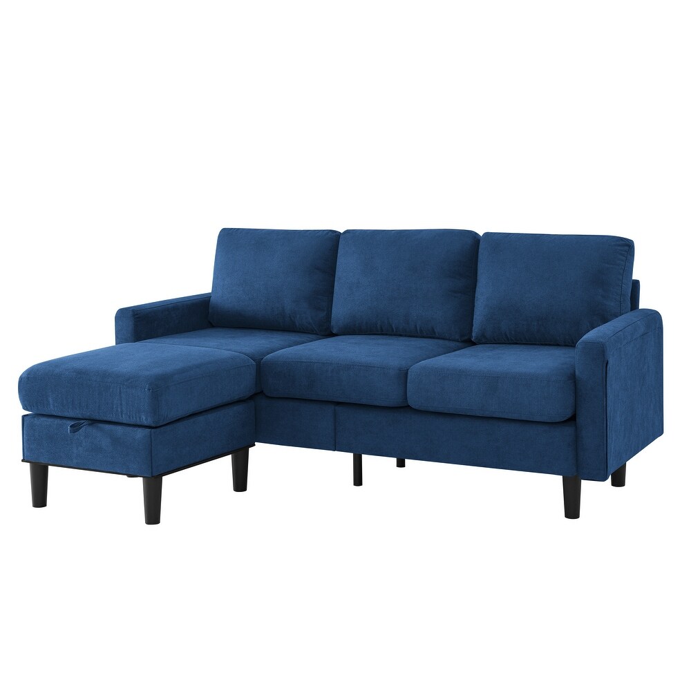 Navy Blue Upholstered L Shaped 3 Seater Sectional Sofa with Reversible Ottoman