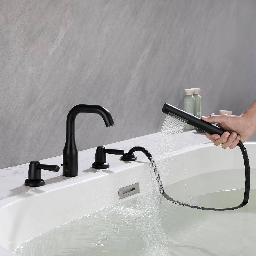 WELLFOR 3-Handle Deck-Mount Roman Tub Faucet with Hand Shower in Matte Black WK0506