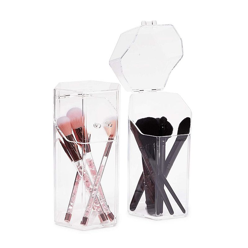 2 Pack Clear Hexagon Acrylic Makeup Brush Holder with Lid， Cosmetic Organizer