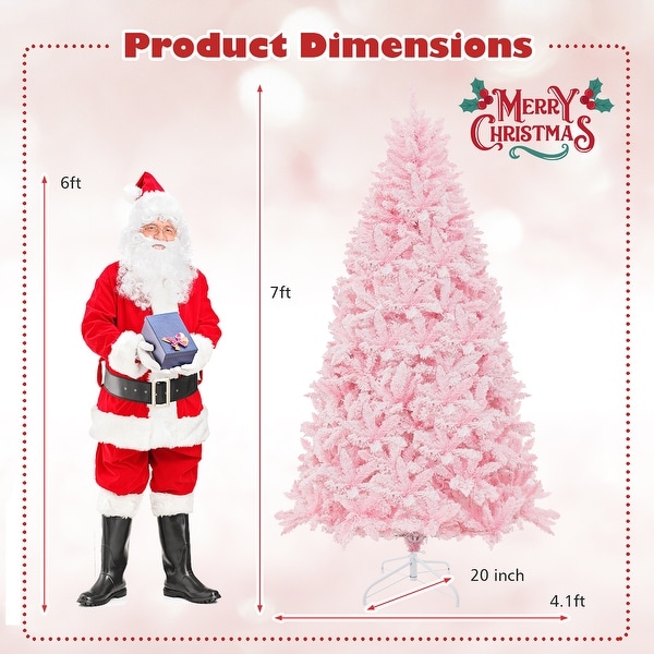 Gymax 7 FT PreLit Artificial Christmas Tree Lighted Pink Snow Flocked