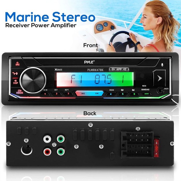 Pyle 300 Watt Bluetooth Marine Grade Stereo Receiver And Subwoofer Speaker Kit With Am Fm Tuner Aux Port Usb And Sd Card Readers And Remote Control