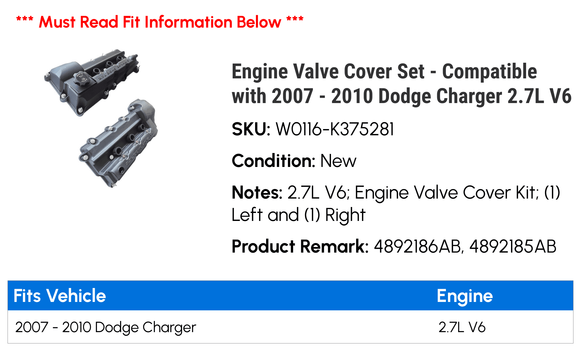 Engine Valve Cover Set - Compatible with 2007 - 2010 Dodge Charger 2.7L V6 2008 2009