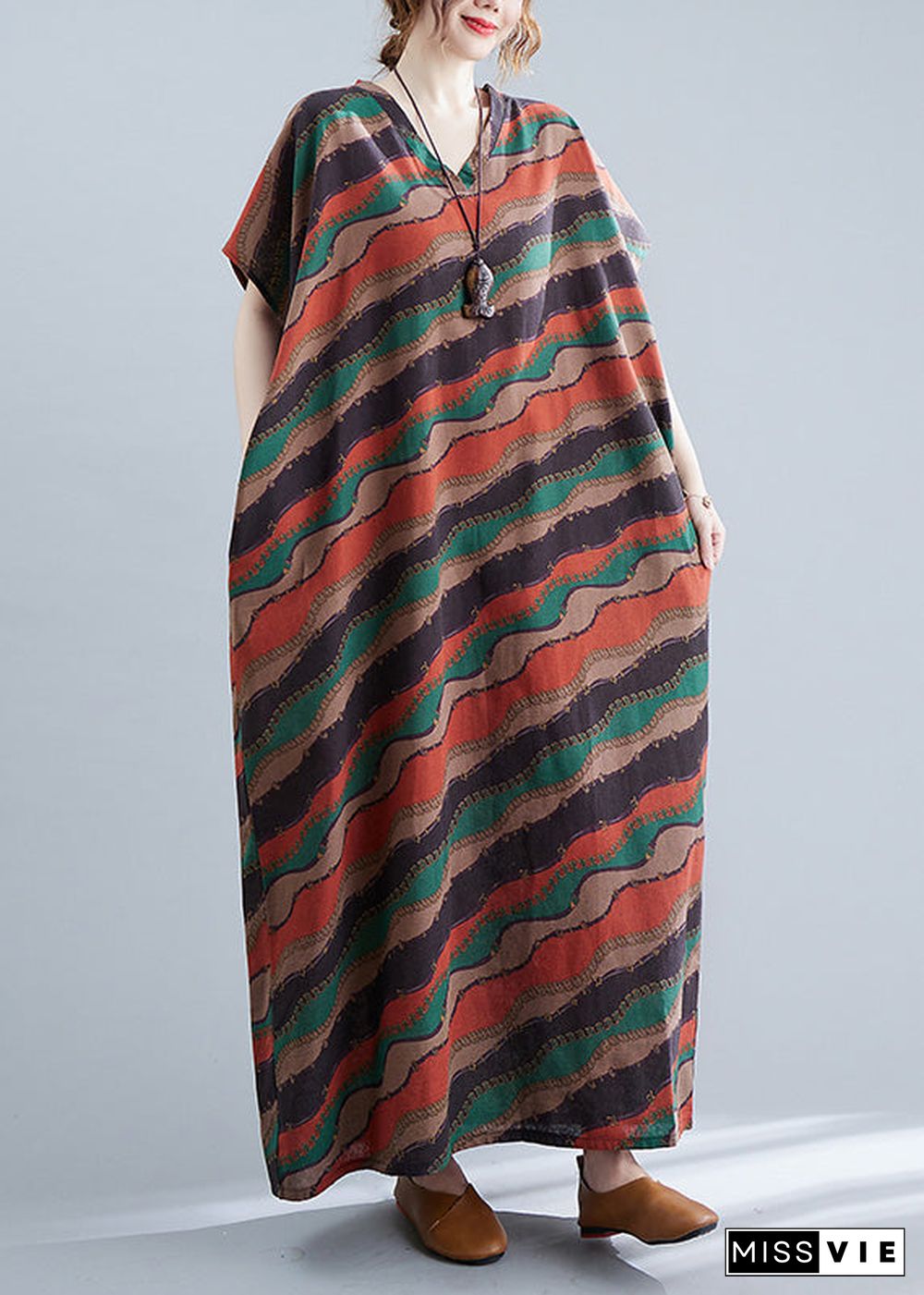 Retro Red V Neck Striped Print Cotton Maxi Dresses Short Sleeve