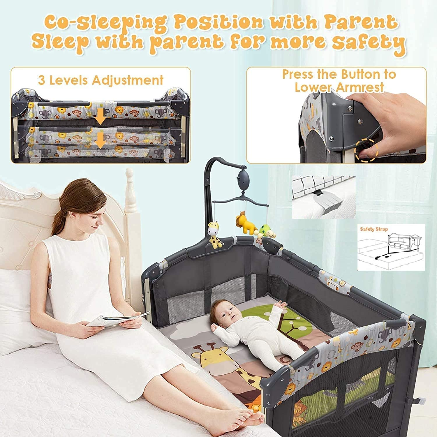 Costzon 4 in 1 Pack and Play, Multifunction Baby Bedside Sleeper with Bassinet, Changing Station and Activity Center