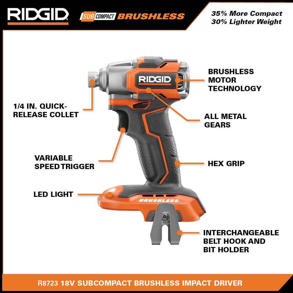 RIDGID 18V Brushless SubCompact 14 in. Impact Driver (Tool Only) R8723B