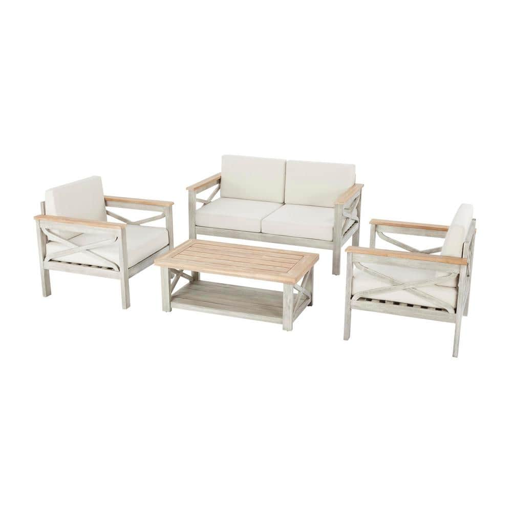 Hampton Bay Coral Crest Weathered Light Teak 4-Piece Wood Patio Conversation Set with Beige Cushions 81986