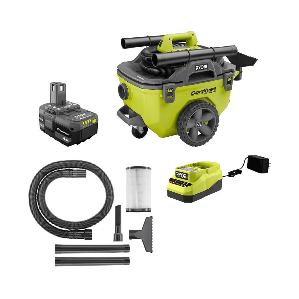 RYOBI ONE+ 18V Cordless 6 Gal. Wet/Dry Vacuum Kit with 4.0 Ah Battery, Charger and Vacuum Accessories P770KN