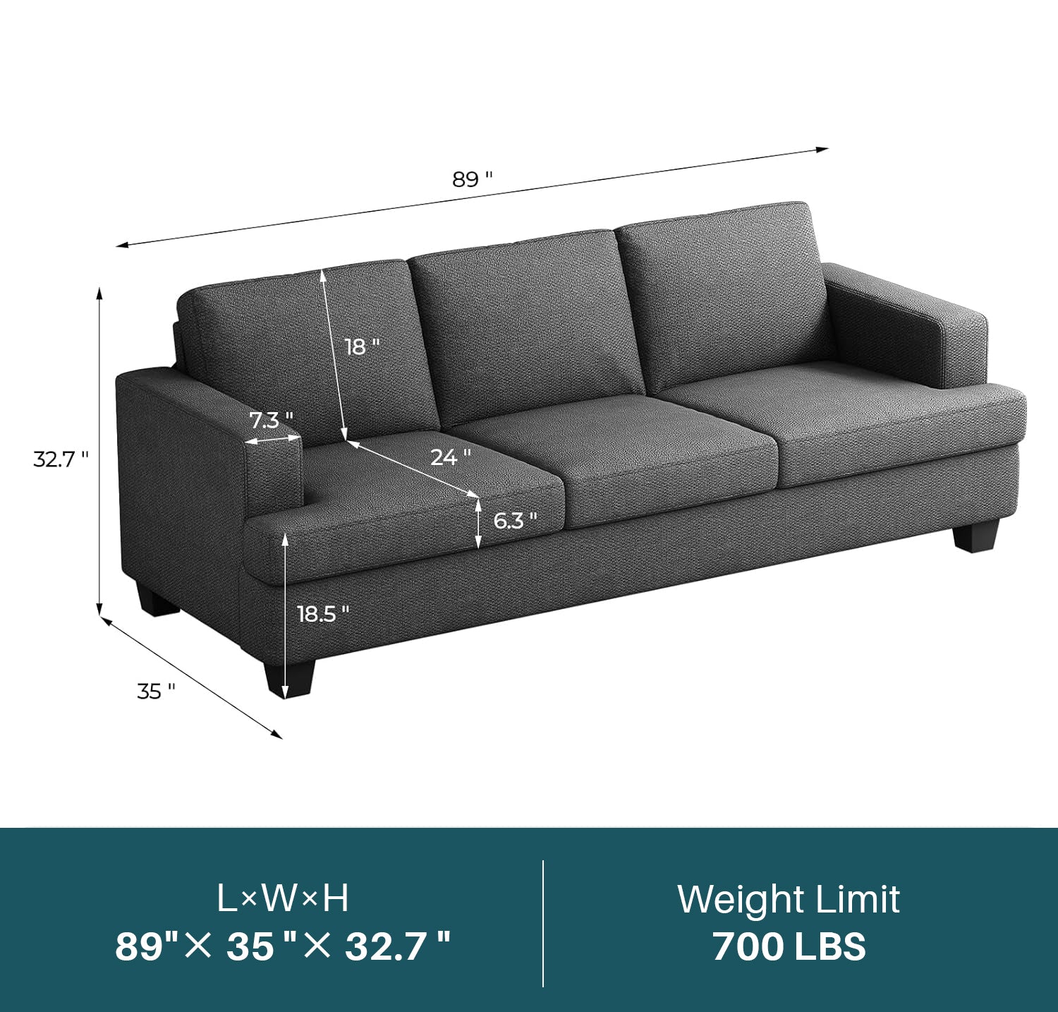 3 Seater Sofa 89 inch Sofa Couch with Elasticity Sponge Seats