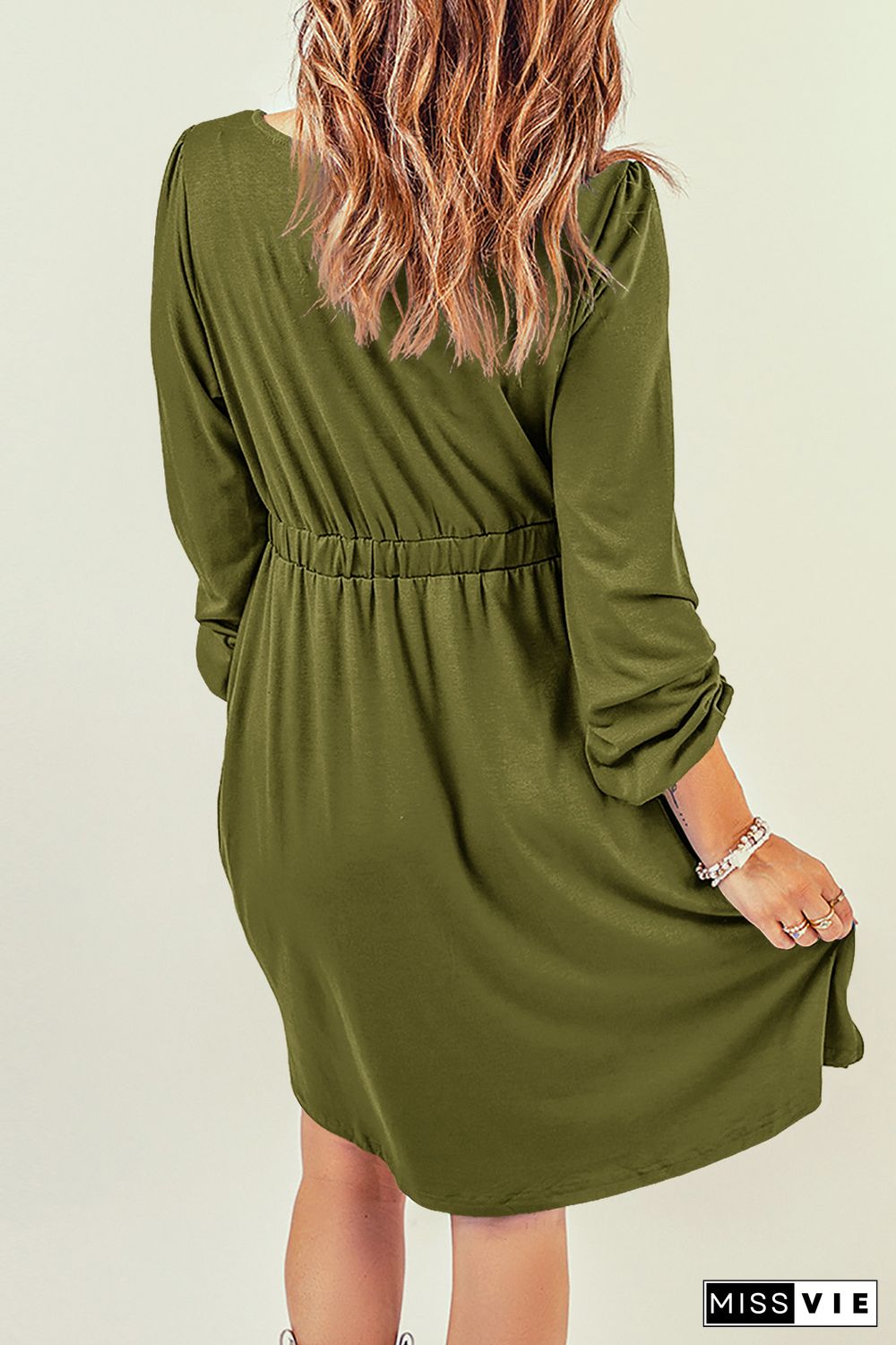 Green Button Up High Waist Long Sleeve Dress