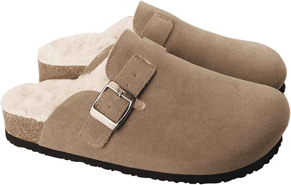 Women Boston Clogs  Suede Soft Leather Clogs Classic Cork Clog Antislip Sole Slippers Waterproof Mules House Sandals with Arch Support and Adjustable Buckle Unisex