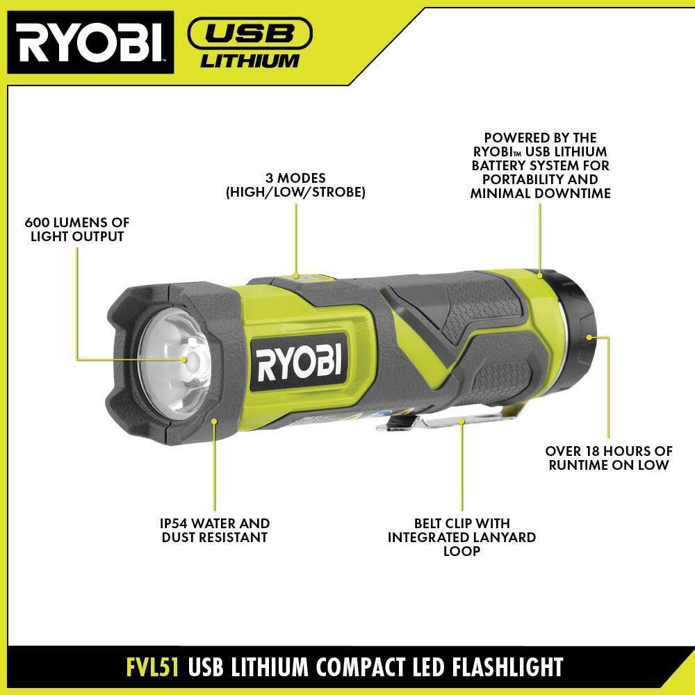 RYOBI 600 Lumens LED USB Lithium Compact Flashlight Kit 3-Mode with Battery and Charging Cable FVL51K