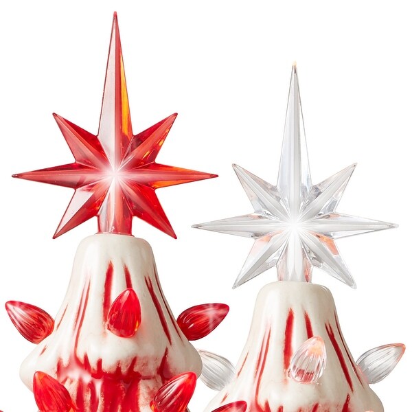 15Inch Red and White Ceramic Christmas Tree，Hand Painted PreLit