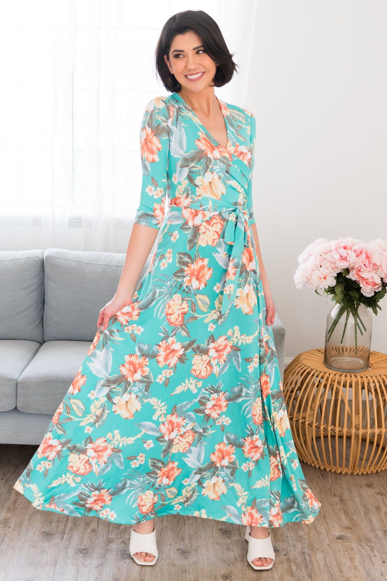 Crystal aqua floral plain long dress