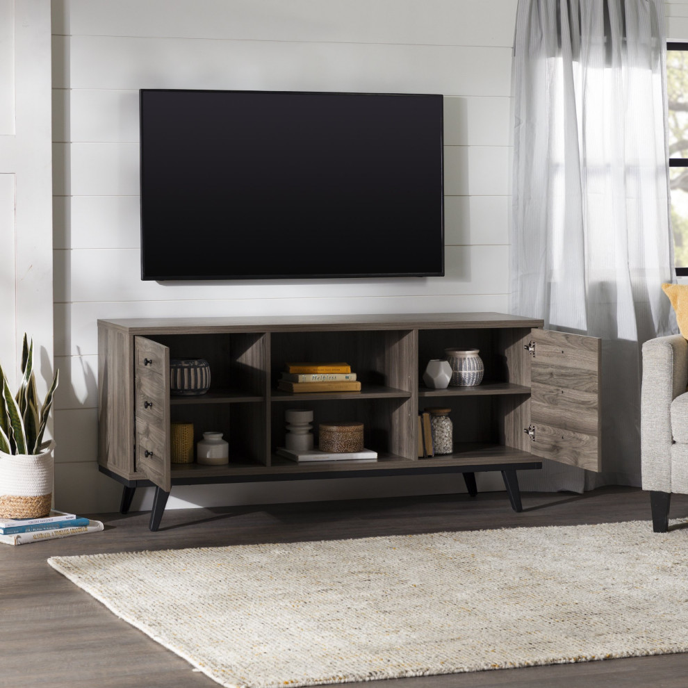 Modern Industrial TV Stand  Open Shelf  Doors With Faux Drawer Look  Slate Gray   Midcentury   Entertainment Centers And Tv Stands   by Declusia  Houzz