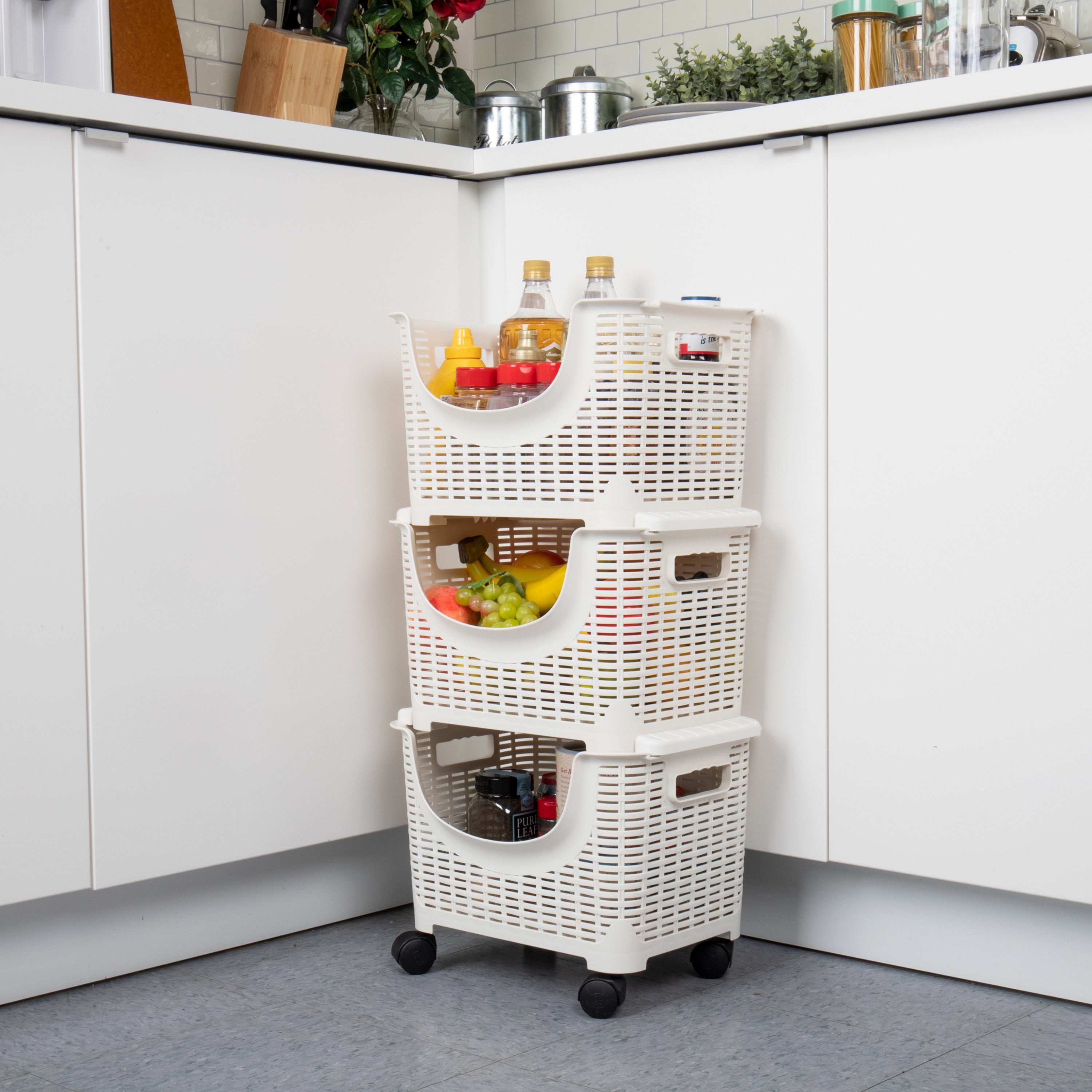 3-Tier Stackable Rolling Storage Bins， Plastic， White