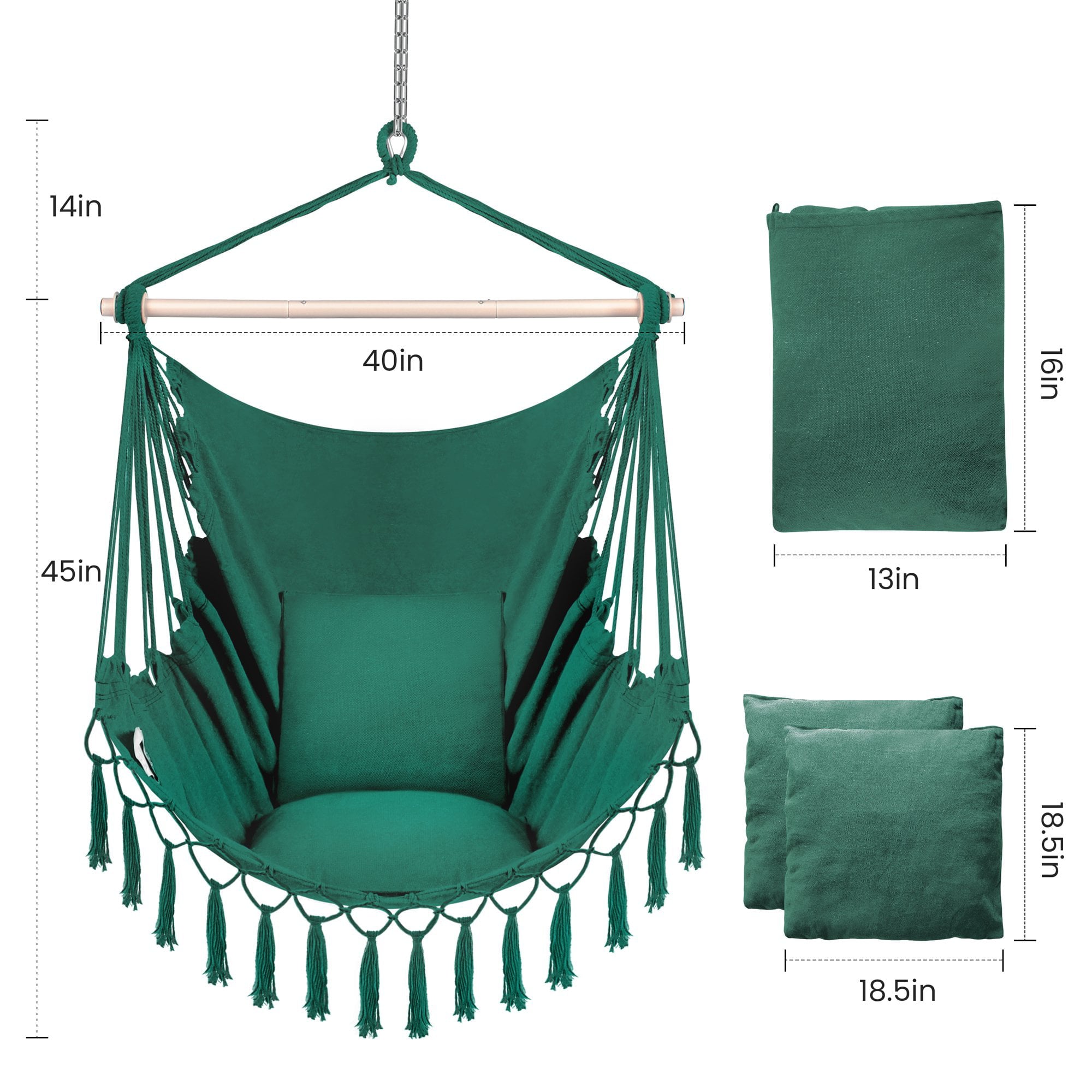 Oversized Hammock Chair with Hanging Hardware Kit, Swing Chair for Indoor & Outdoor, Max 330 Lbs, Include Carry Bag & Two Soft Seat Cushions -Green