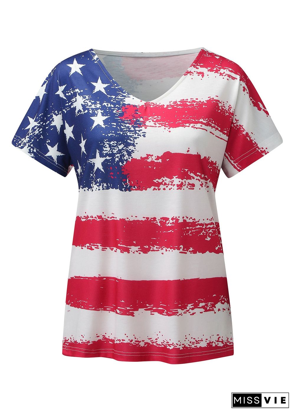 Fitted Colorblock V Neck Independence Day Print Cotton Tank Tops Short Sleeve