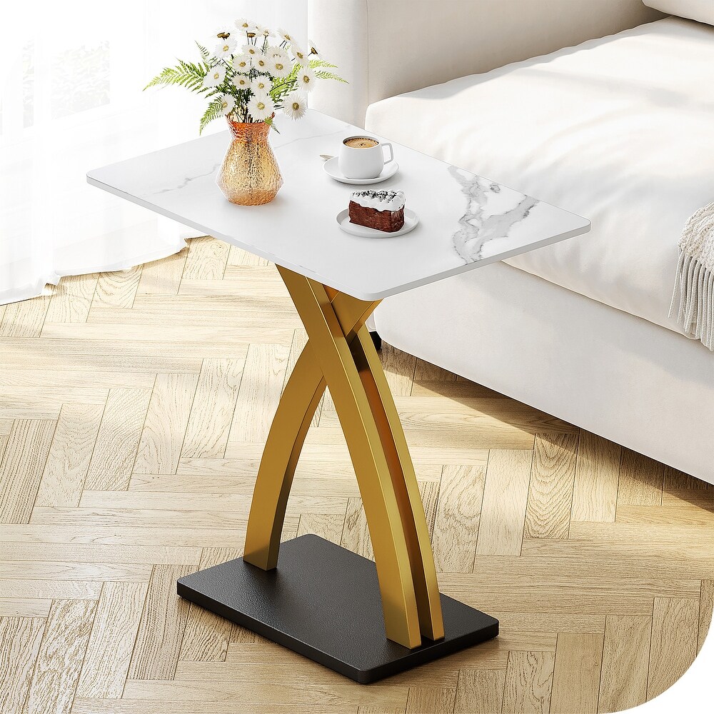 Modern Side Table with Slate Tabletop and Gold Carbon Steel Metal X Base