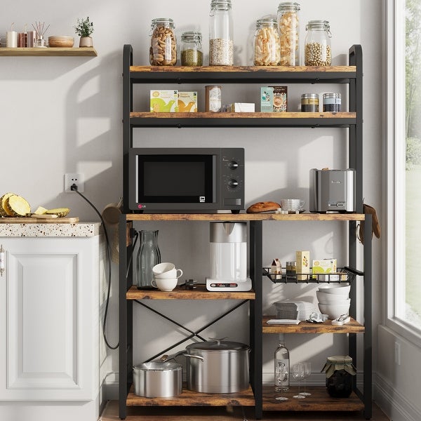 Bakers Rack with Power Outlet， Microwave Stand， Coffee Bar Table Station with Metal Wire Panel