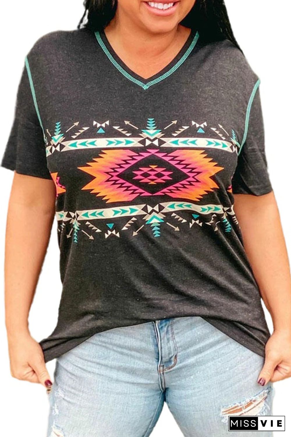 Gray Aztec Geometric Print V Neck Tee