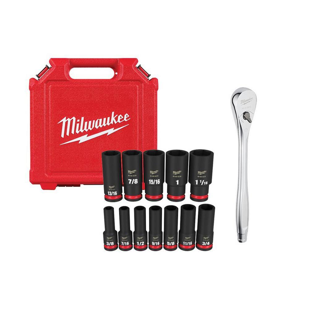 MW 12 in. Drive Ratchet and SHOCKWAVE 12 in. Drive SAE Deep Well Impact Socket Set (13-Piece) 48-22-9012-49-66-7011