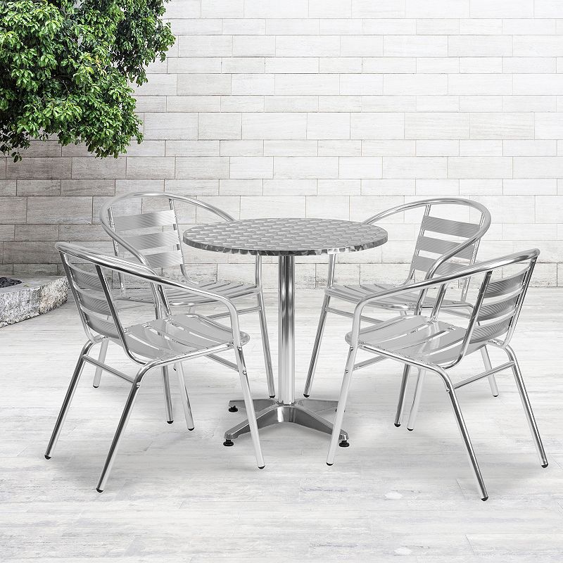 Emma and Oliver 27.5 Round Aluminum Table Set with 4 Slat Back Chairs