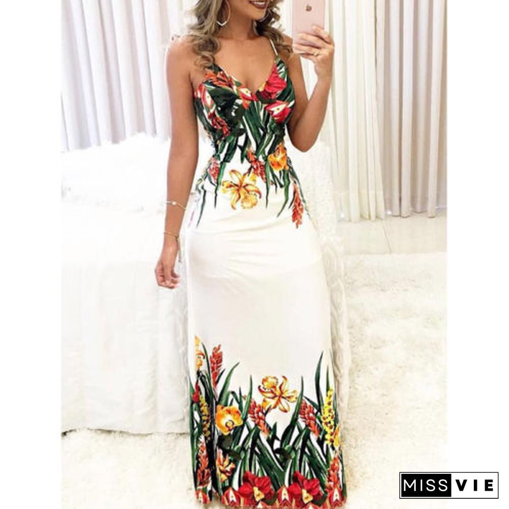 Summer Women Lady Sexy Sleeveless Strap Deep V-Neck Long Maxi Evening Party Elegant Dress Sundress