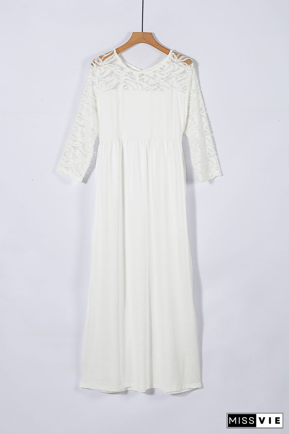 White Plus Size 3/4 Lace Sleeve Yoke Maxi Dress