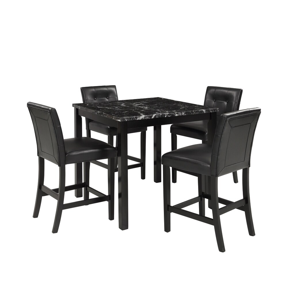 Modern 5 Piece Solid Wood Dining Set with Marbleized Wooden Table and 4 Tufted Leather Upholstery Chairs