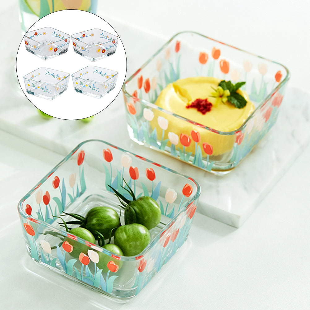 4Pcs Daisy Pattern Glass Bowl Fruits Salad Dessert Bowl Square Bowl